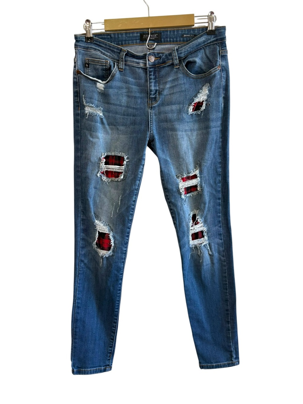 Judy‎ Blue Size 11 Skinny Fit Distressed Red Black Plaid Patch Jeans Western